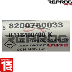 UCH VIERGE RENAULT CLIO 3 A CARTE MAIN LIBRE 8200780033 U118400400K N85 INT